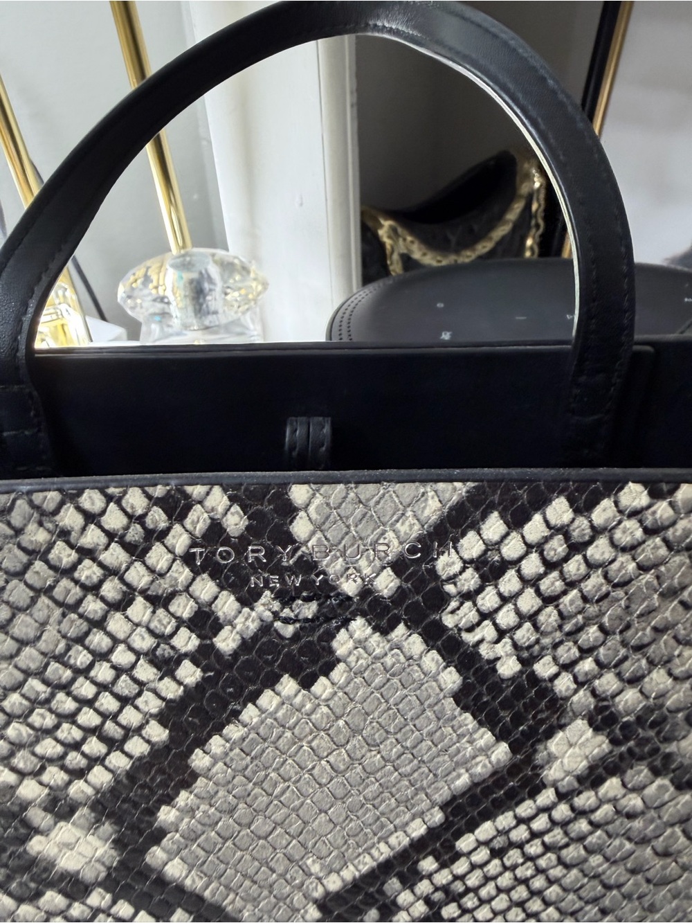 Tory Burch Black & Ivory Snake-Print Tote